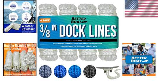 4 Pack 3/8" Double Braided Nylon Boat Dock Lines - 15ft Weather Resistant