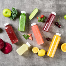Load image into Gallery viewer, 100 Recyclable 12 Oz Plastic Juice Bottles with Tamper-Evident Safety Caps