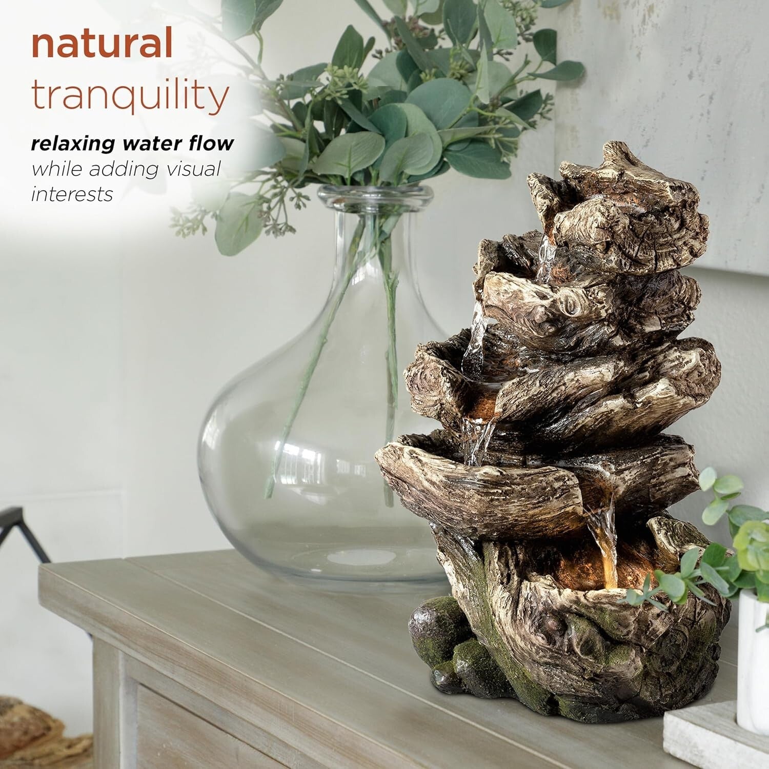 5-Tier Brown Indoor Waterfall Fountain: Tranquil Tabletop Decor with Lights