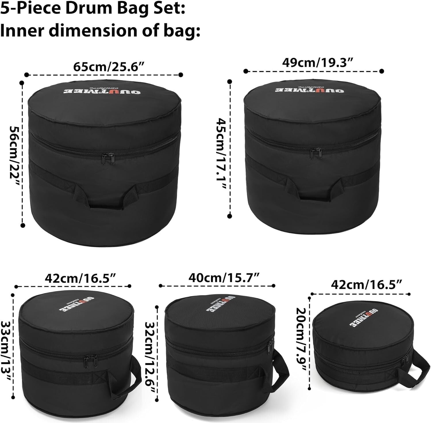 Durable 5-Piece Nylon Drum Bags with 10mm Padding - Perfect for Musicians