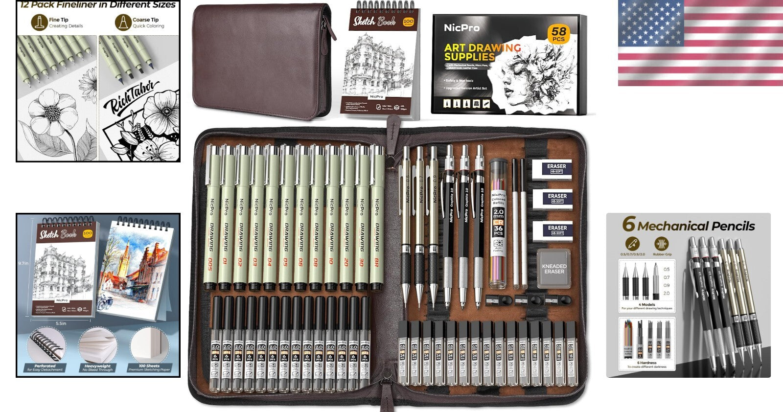 All-in-One 58PCS Drawing Supplies with Leather Case - Mechanical Pencils & More