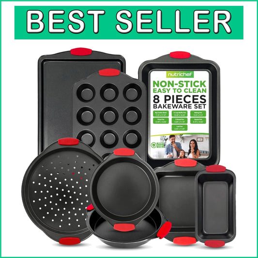 Deluxe 8-Piece Non-Stick Baking Set with Silicone Handles - Oven Safe to 446°F