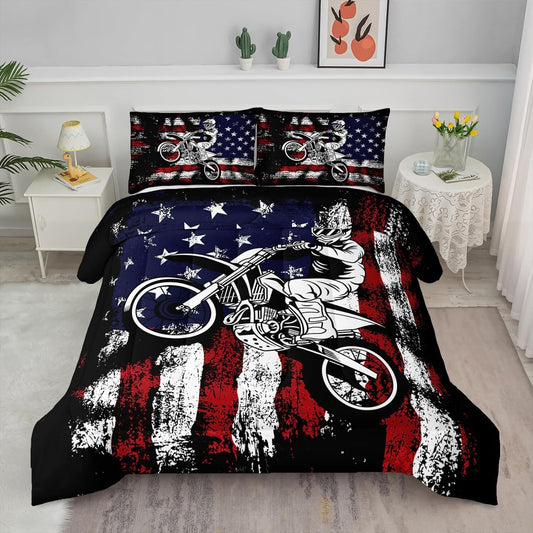 Vibrant Dirt Bike Quilt and Pillowcases Set - Perfect Bedding for Motocross Fans
