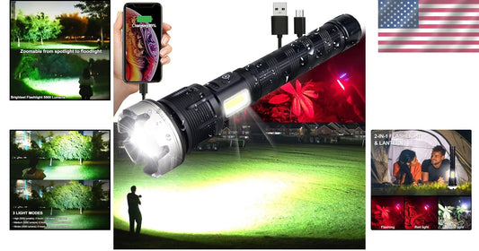 Brightest 10000 Lumens LED Flashlight with Power Bank, Adjustable Focus & Strobe