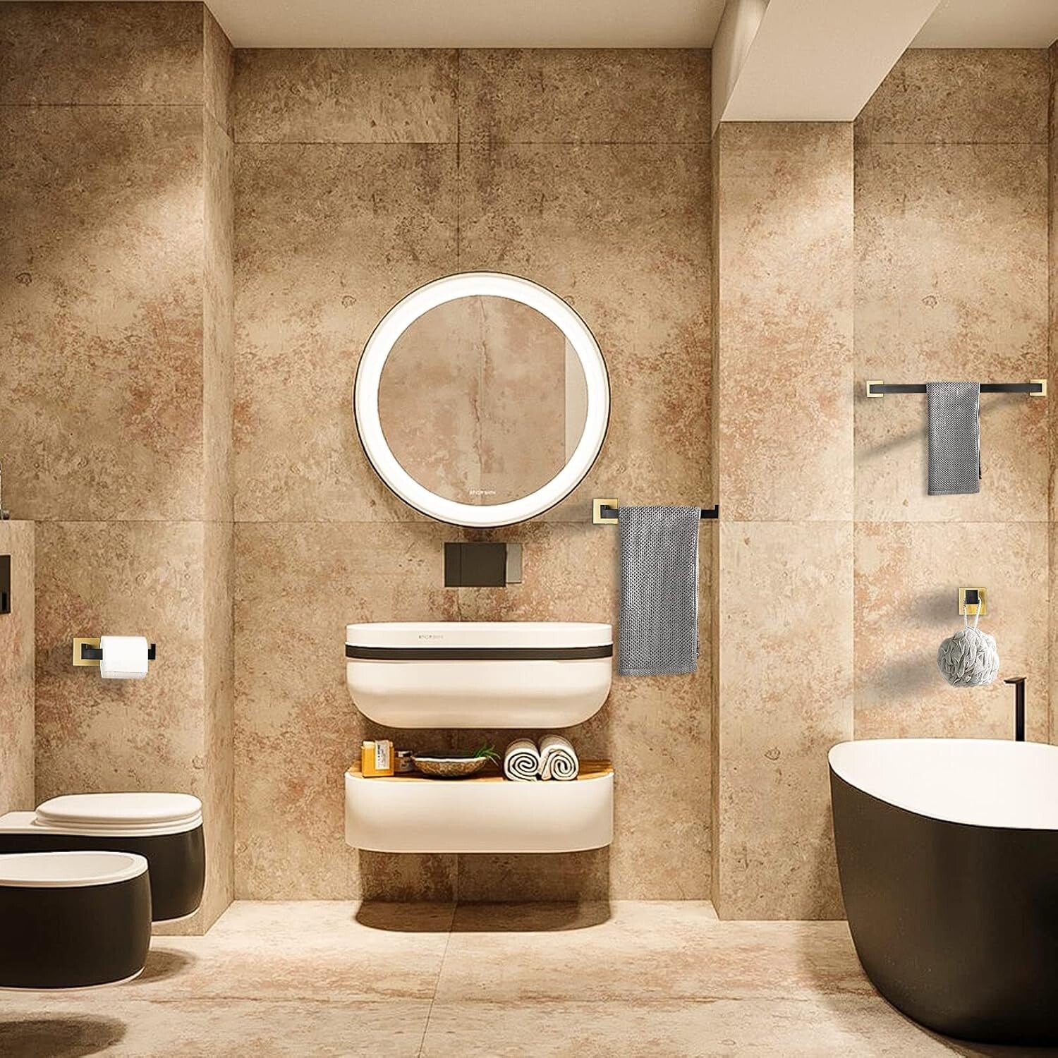 4-Piece Black & Gold Stainless Steel Bathroom Hardware Set - Elegant Style