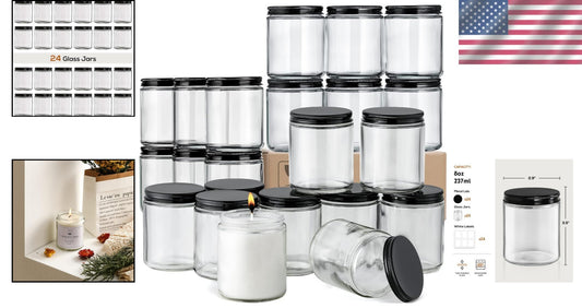 8oz Clear Round Glass Jars with Screw Metal Lids - 24 Pack for Storage & Crafts