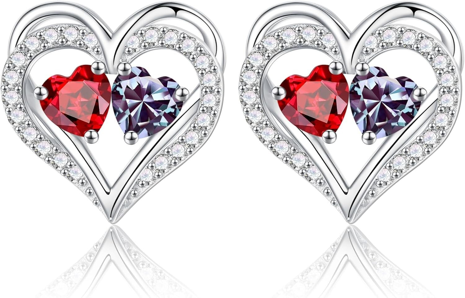 925 Sterling Silver Double Birthstone Heart Earrings - Meaningful Gift for Her