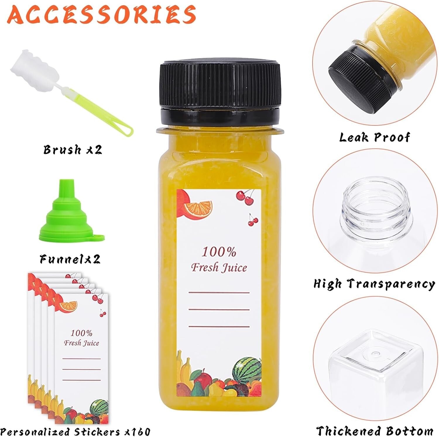 Clear 2 Oz Juice Bottles - 150 Pack with Caps, Funnels & Brushes for Smoothies