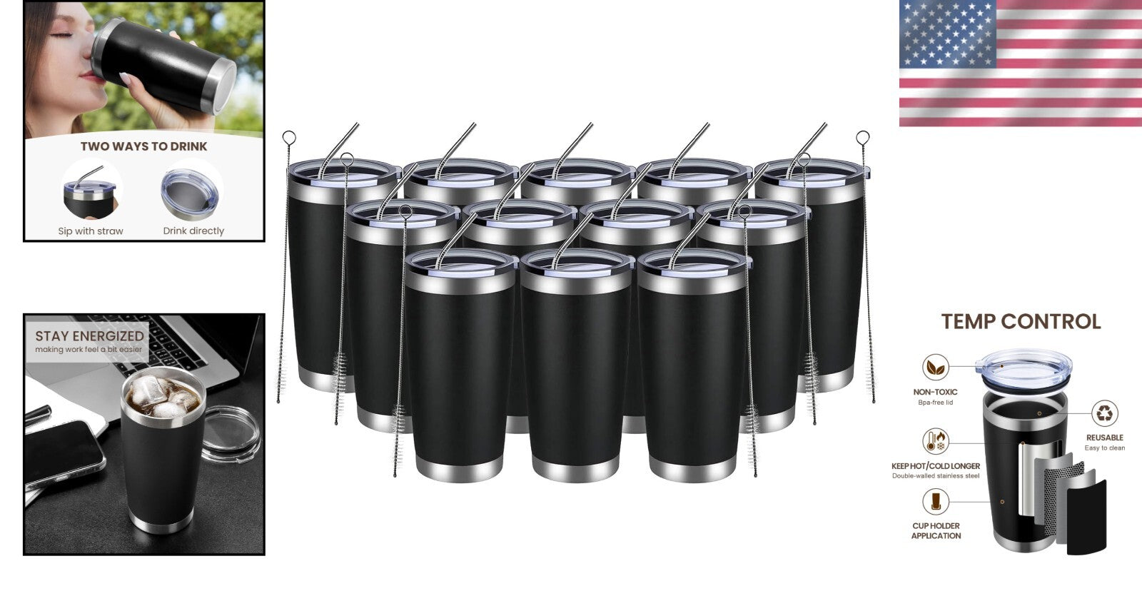 12 Count Powder Coated Stainless Steel Tumblers - Ideal for Cold & Hot Beverages