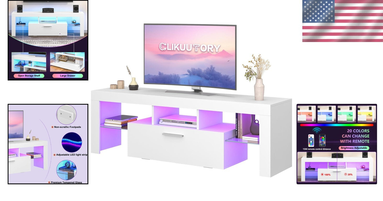 Modern White Entertainment Center with Large Drawer and 20-Color LED Lighting