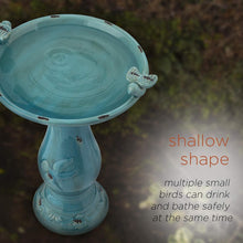Load image into Gallery viewer, Antique Turquoise Ceramic Birdbath with Pedestal &amp; 2 Bird Figurines - 25" Tall