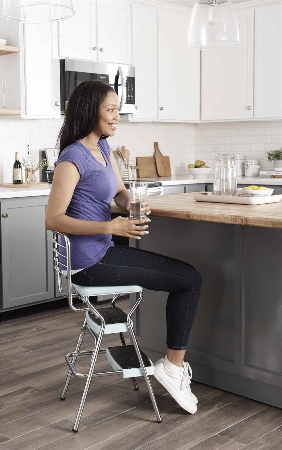 Functional Teal Chair with Flip-Up Step Stool and Non-Marring Legs - Adult Size