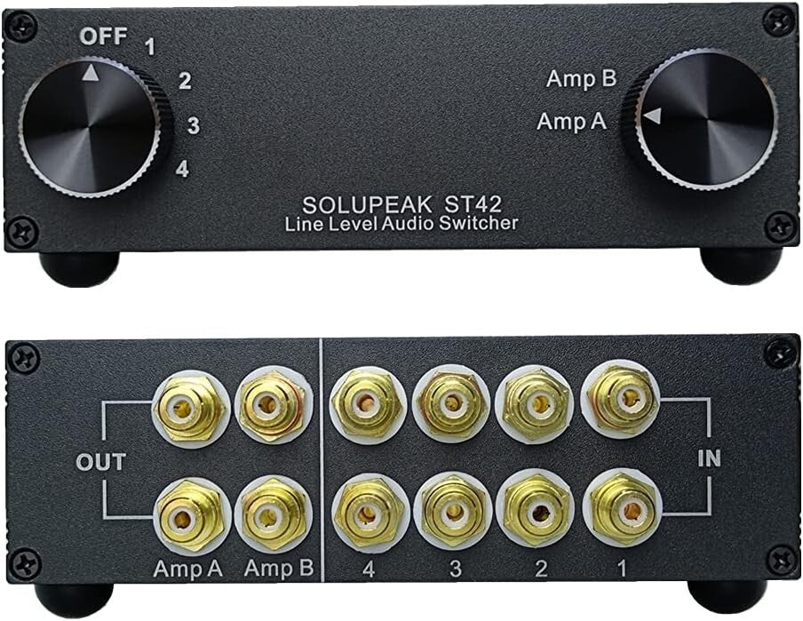 Aluminum 4-Way RCA Audio Switcher - Effortless Source Selection for Any Setup