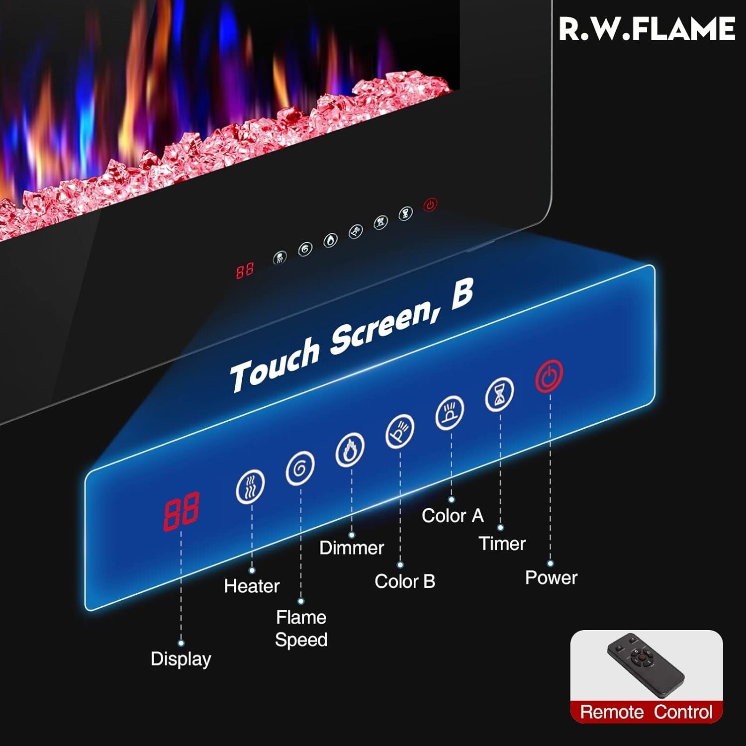 Energy Efficient 60" Electric Fireplace - Wall Mount with Adjustable Brightness