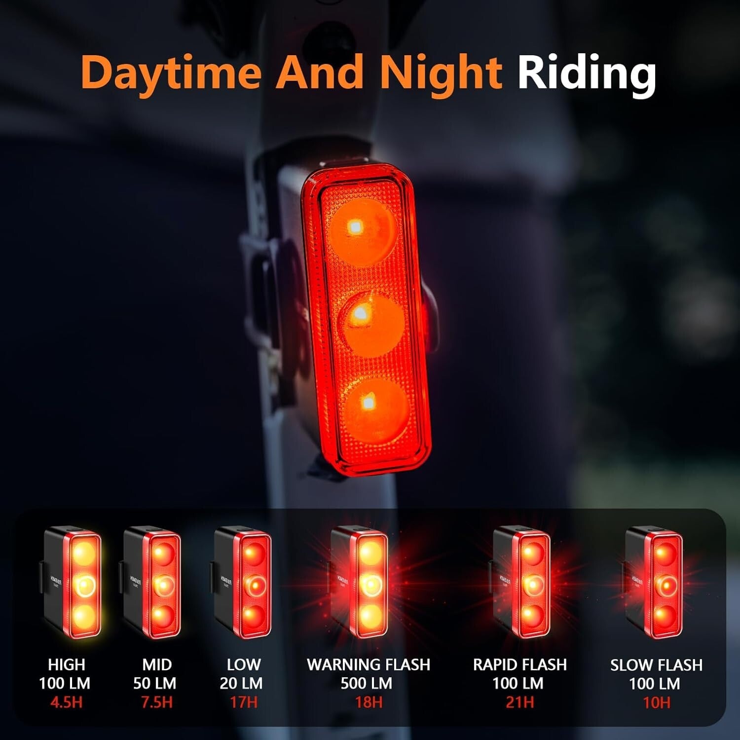 Daytime & Nighttime Bike Rear Light - 500 Lumens, Side Visibility, Rechargeable