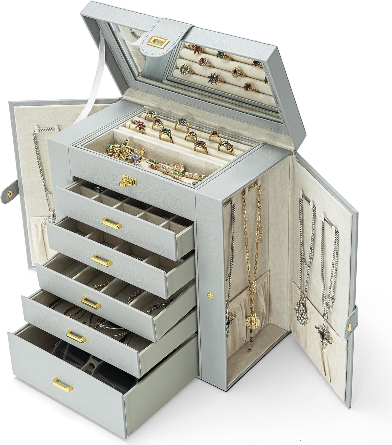 Elegant 5-Drawer Jewelry Organizer with Mirror - Dustproof Leather Storage