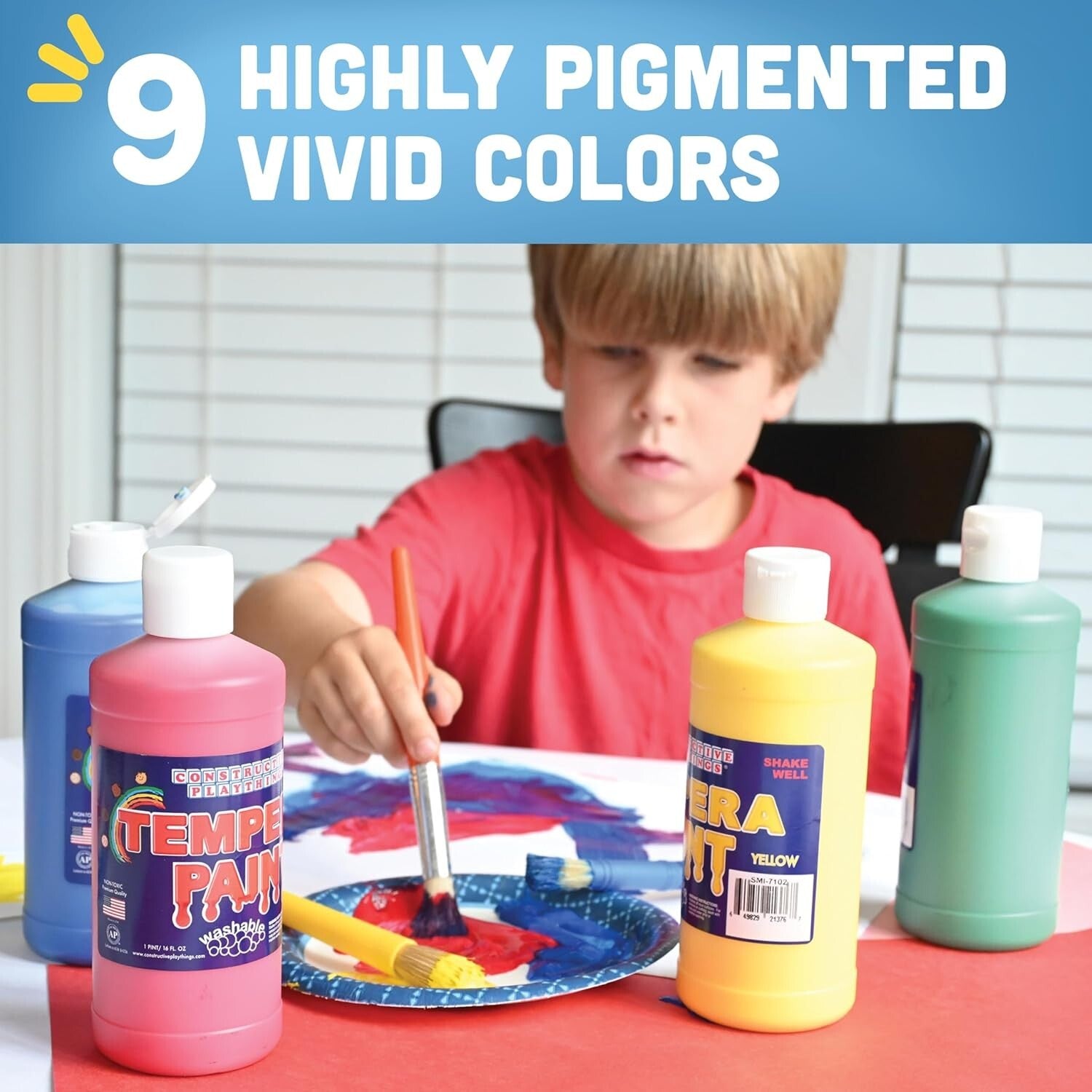 Washable Tempera Paint Set: Non-Toxic Kid's Paint, 9 Pack, 1 Gallon, Multicolor