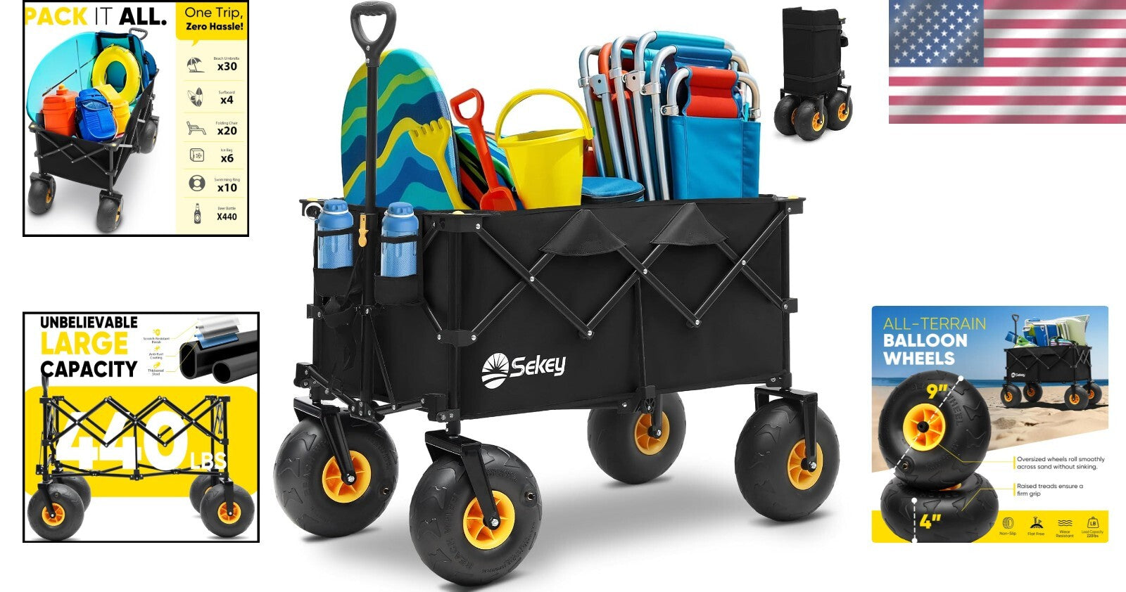 Oversized 200L Foldable Cart with Adjustable Handle for All-Terrain Convenience