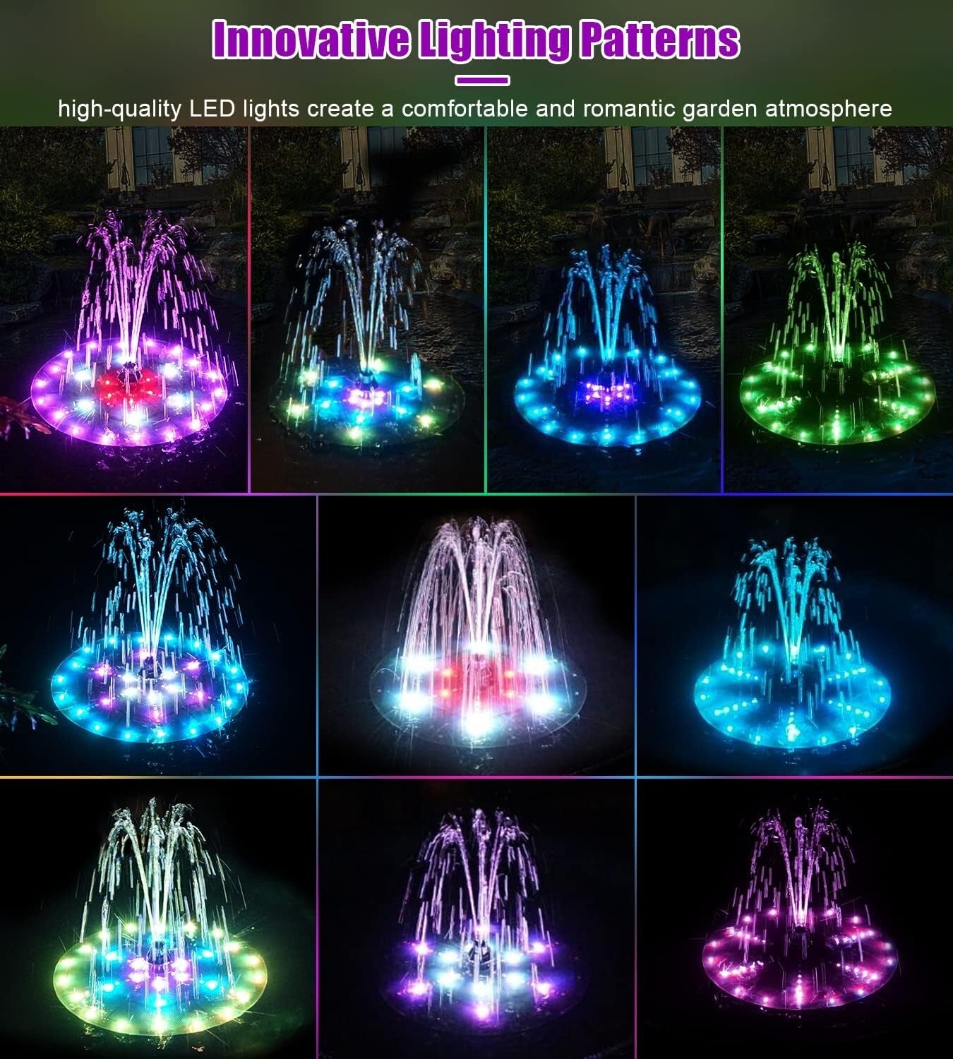 Solar-Powered Fountain with 60 Colorful LEDs, 7 Water Styles & Anti-Drift Fixers
