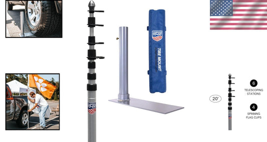 Collapsible Tailgate Flagpole Kit with Durable Tire Mount & Protective Bumper