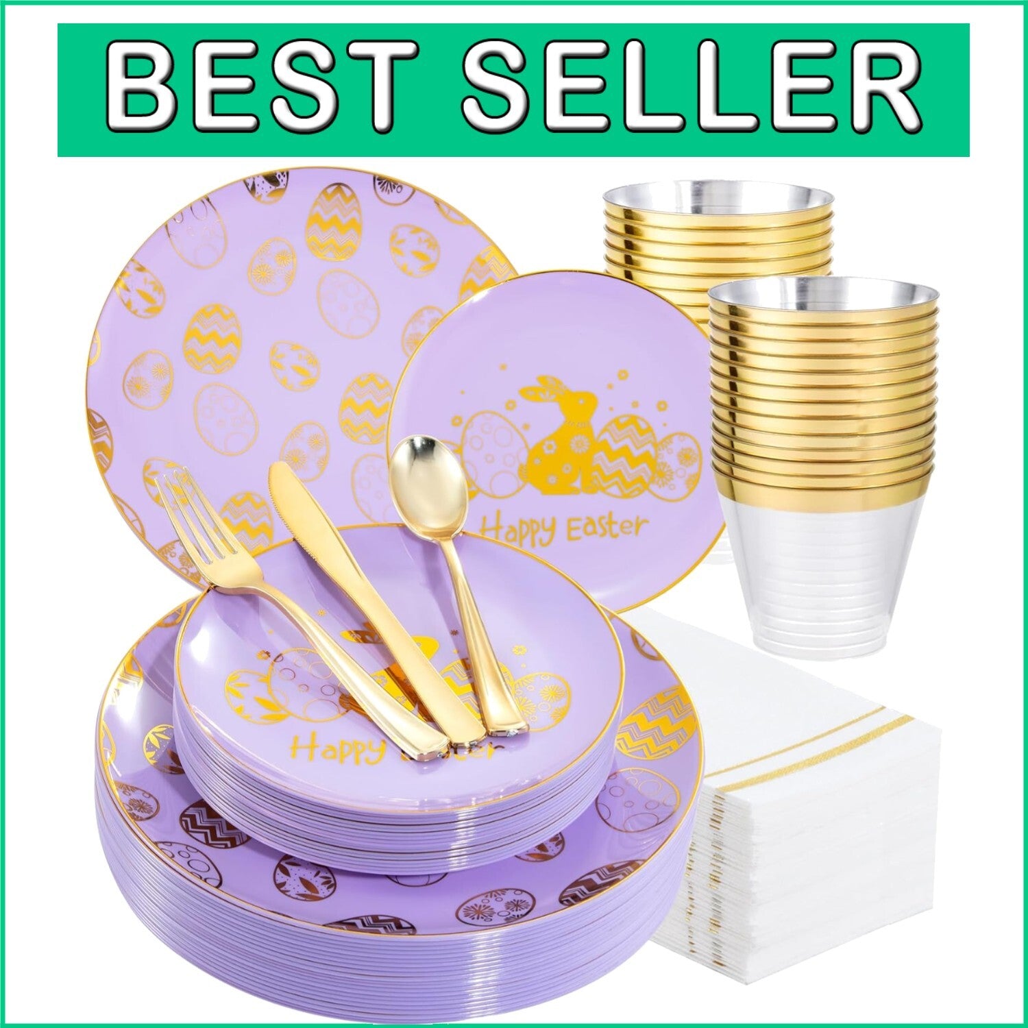 175 Count Easter Themed Plates, Cups & Silverware - Elegant Party Essentials