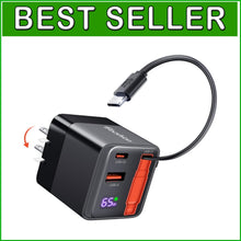 Load image into Gallery viewer, Multi-Device 65W USB C Travel Charger with Retractable Cable &amp; LCD Display
