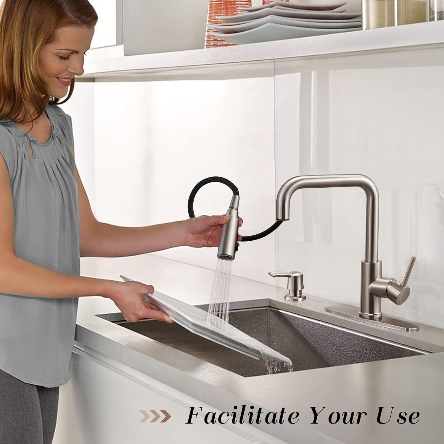 Eco-Friendly Kitchen Sink Faucet with Pull Out Sprayer & Stylish Soap Dispenser