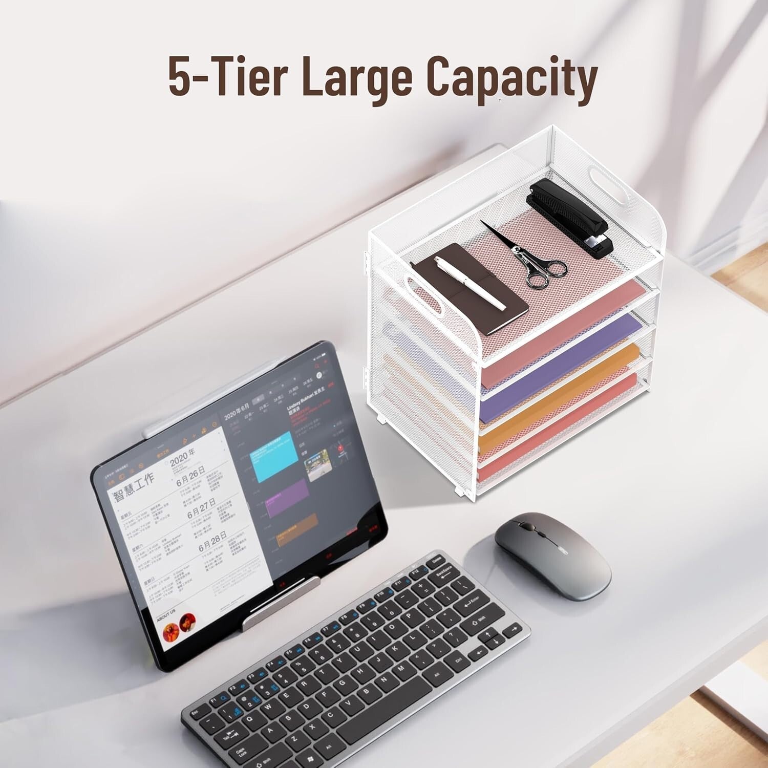 Chic 5-Tier Letter Tray Desk Organizer - Elegant White Metal for School & Office