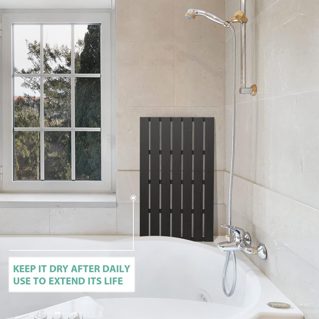 Elegant Black Bamboo Bath Floor Mat - Non-Slip and Waterproof, 31.3"L x 18.1"W