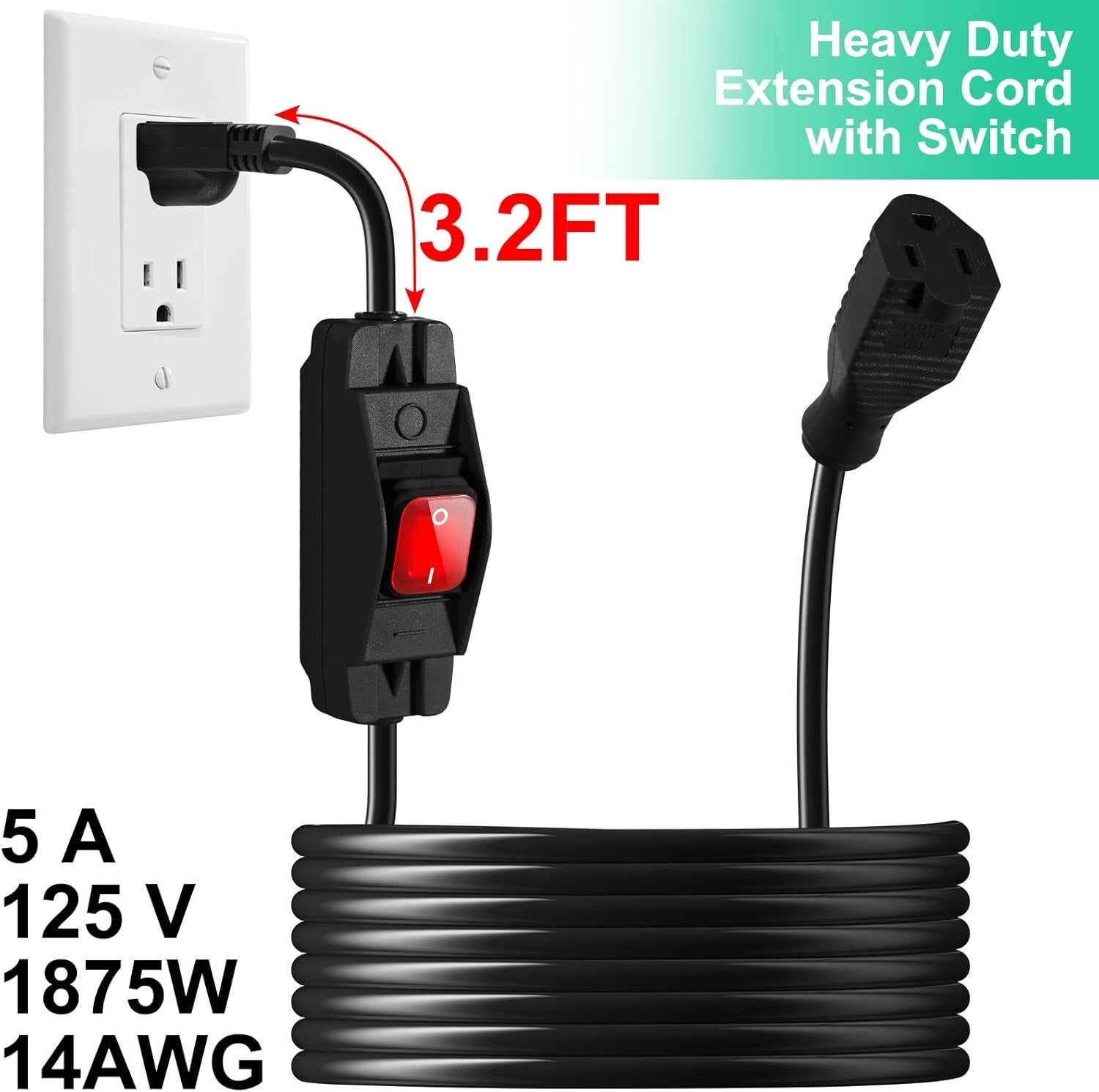 Flexible 25 Ft Heavy Duty Extension Cord with Waterproof Switch for Outdoors
