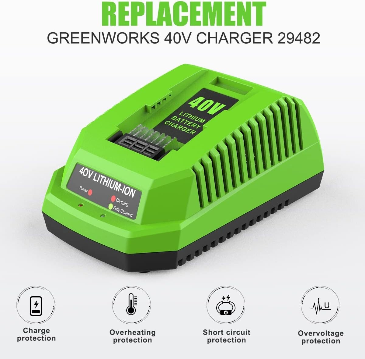 Lightweight Replacement 40V Greenworks Battery with 2A Fast Charger Included