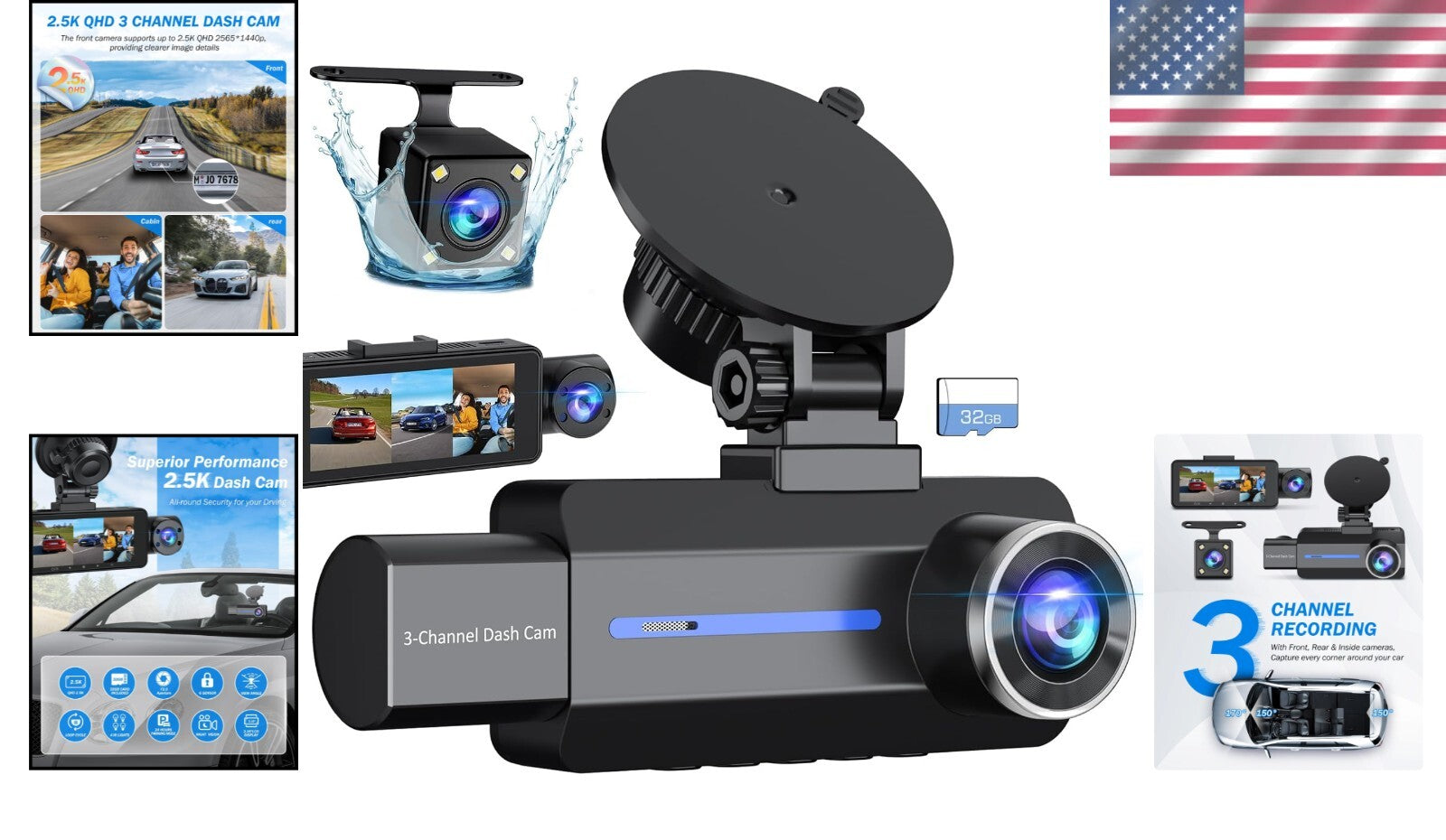 Advanced 2.5K Triple Car Dash Cam with IR Night Vision & 24Hr Parking Guard