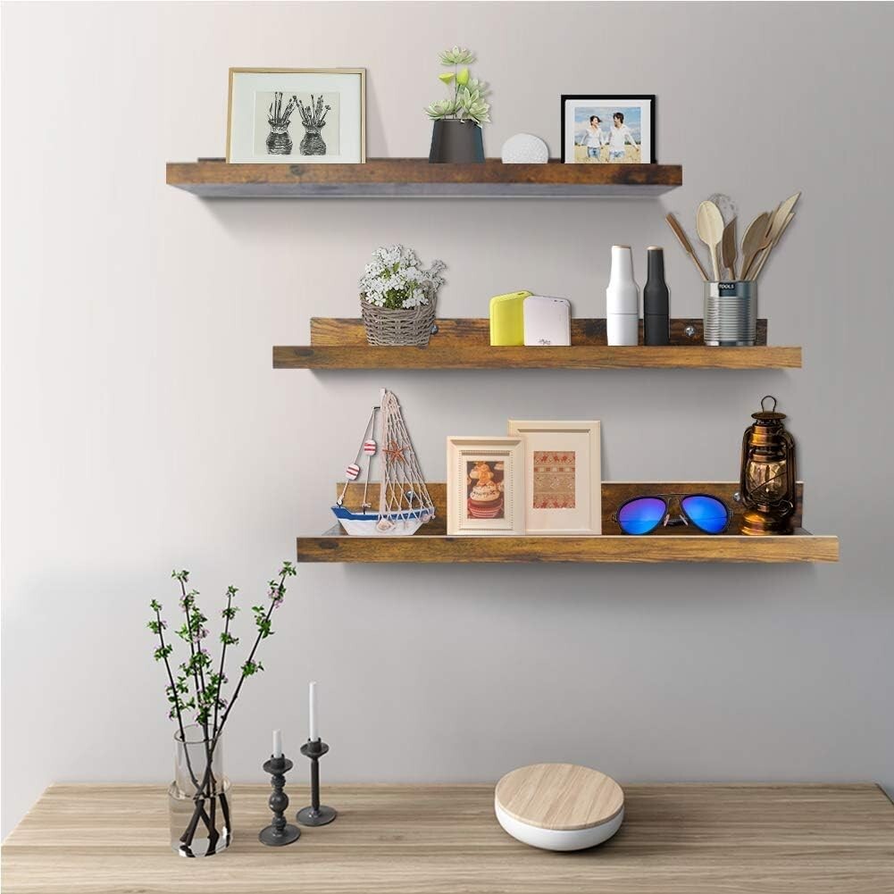 Sturdy Rustic Floating Shelves - Set of 3 for Wall Organization, 24 Inch Size