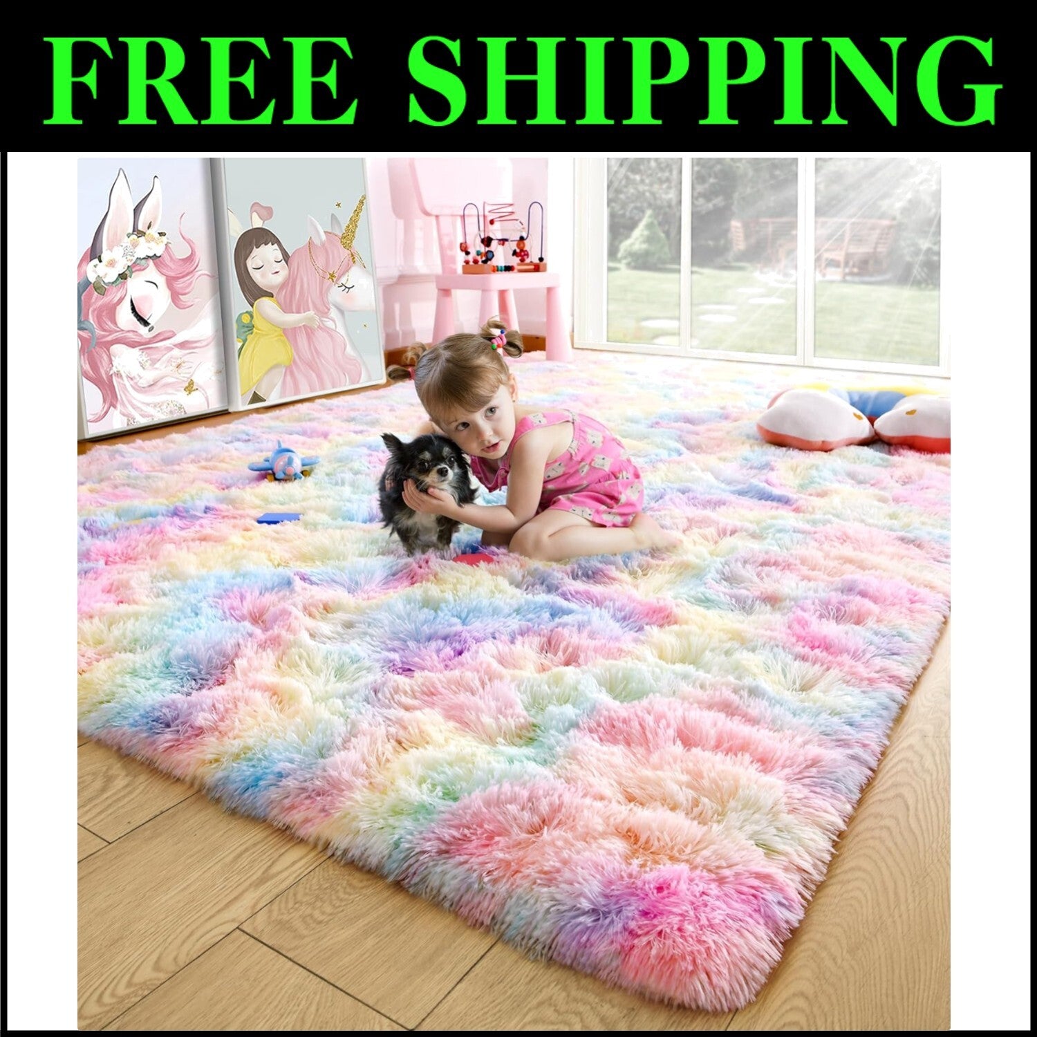 Fluffy Rainbow Area Rug 5x8 Feet - Perfect for Kids' Playroom & Nursery Decor
