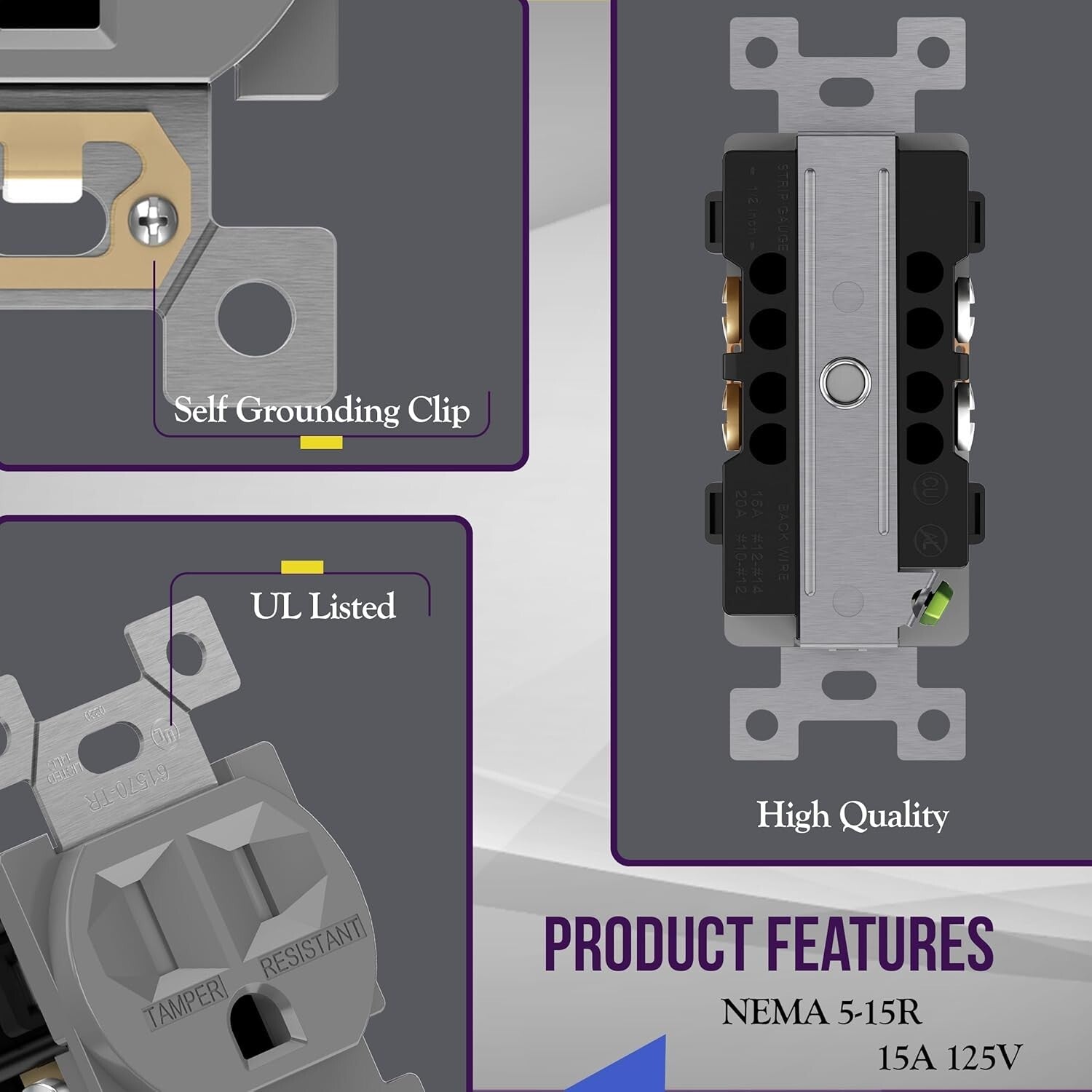 10-Pack Tamper-Resistant Industrial Grade Duplex Outlets, 15A 125V, UL Listed