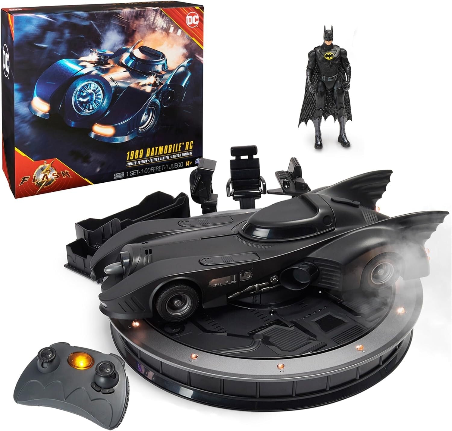 Dynamic 1989 Batmobile RC with Light-Up Features & Rotating Batcave Display Base