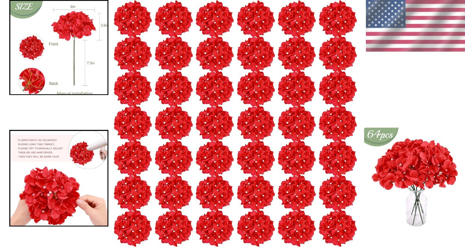 Customizable 64ct Red Hydrangea Flower Set - Party, Wedding & Garden Ready