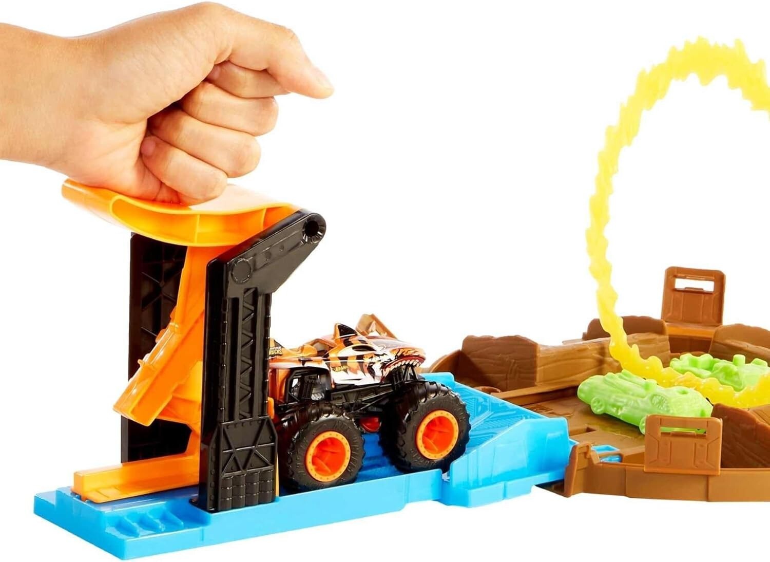 5-in-1 Monster Trucks Tire Arena - Launcher, Stunt Flip, 2 Mini Cars Included