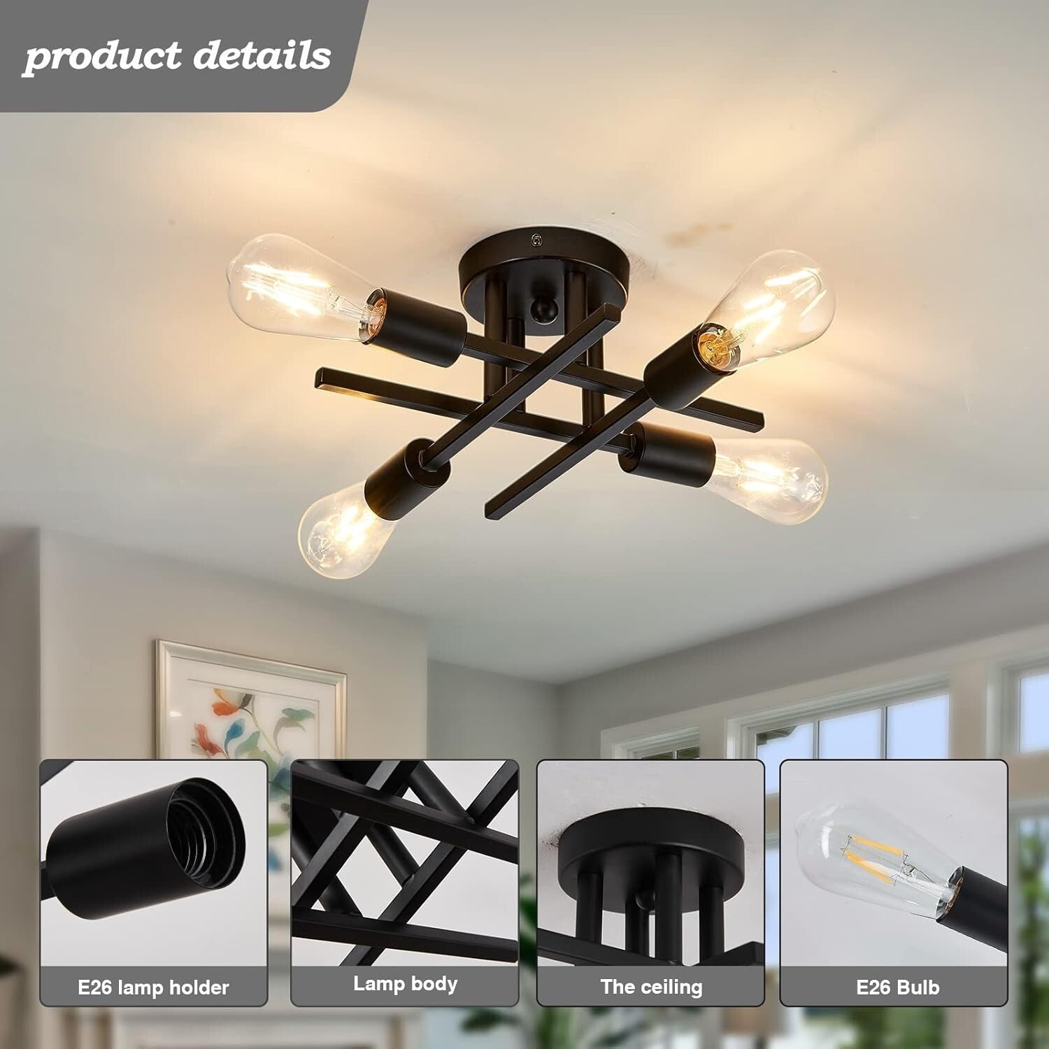 2-Pack Modern Dimmable 4-Light Semi Flush Mount Ceiling Fixture in Matte Black