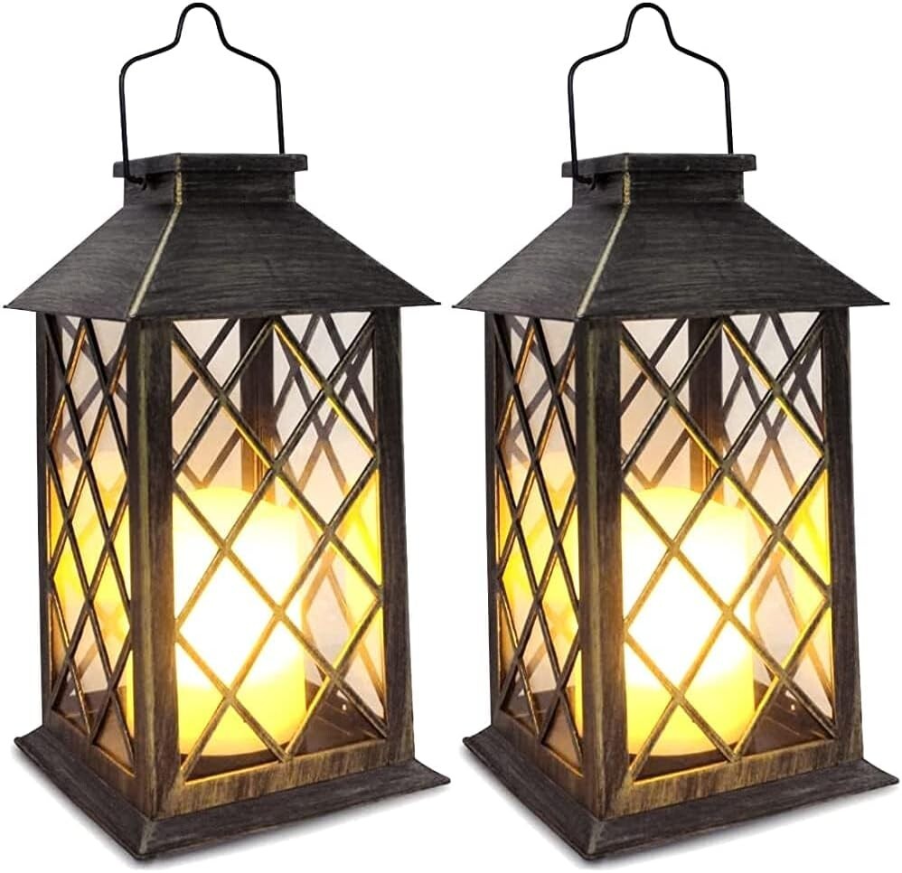 Bronze Solar Lanterns with Flickering Effect - 10 Lumen, 2 Pack for Garden Decor