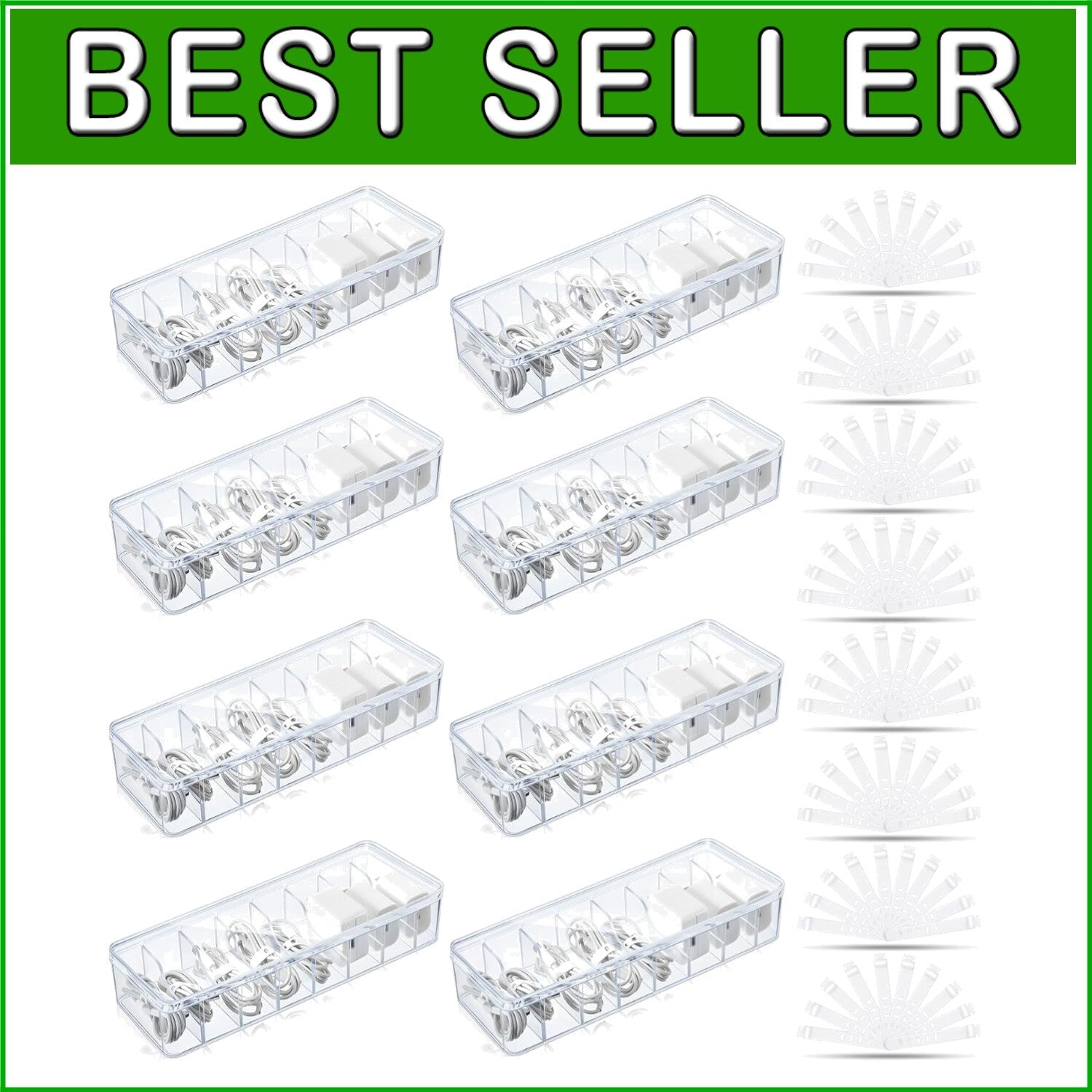 8 Pcs Clear Cable Organizer Box with 80 Wire Ties - Tidy Desk Solution