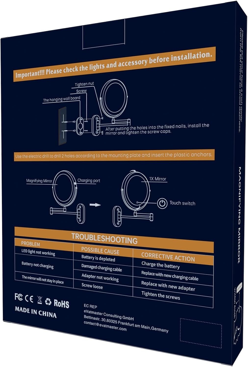 Double-Sided 8-Inch Wall-Mounted Mirror with 10X Magnification - Polished Silver