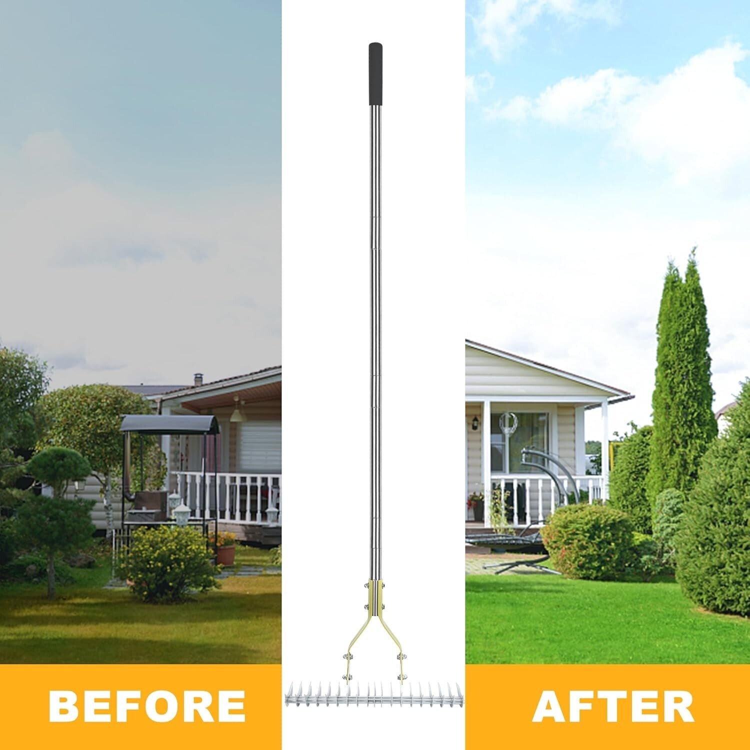 15-Inch Thatching Rake with Adjustable Angle - Durable Stainless Steel Handle