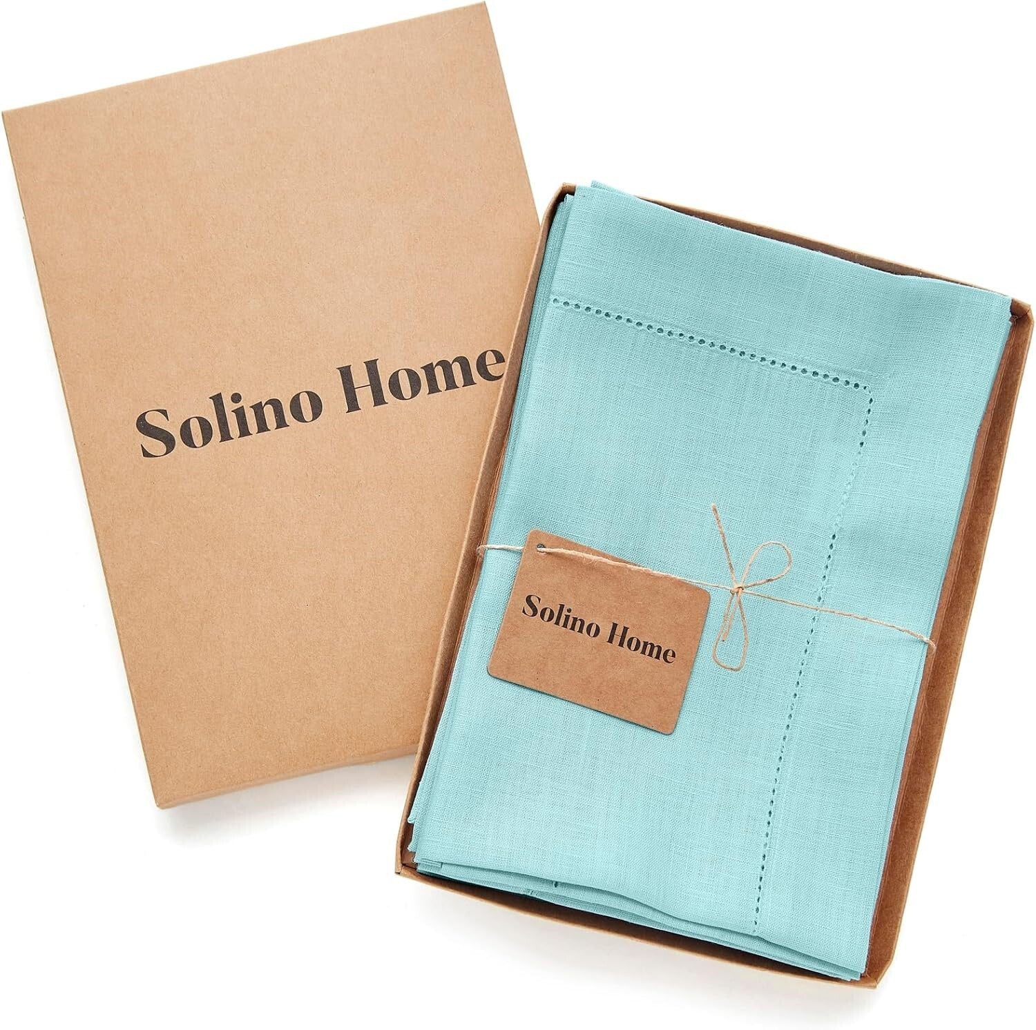 Handcrafted Aqua Blue Linen Napkins - Set of 4, 20 x 20 Inch, Hemstitch Design