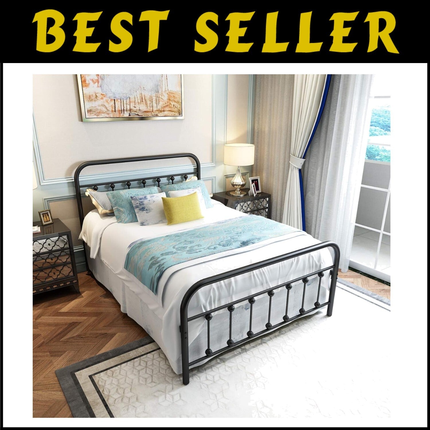 Powder Coated Full Size Bed Frame with Headboard - Space-Saving Storage Solution