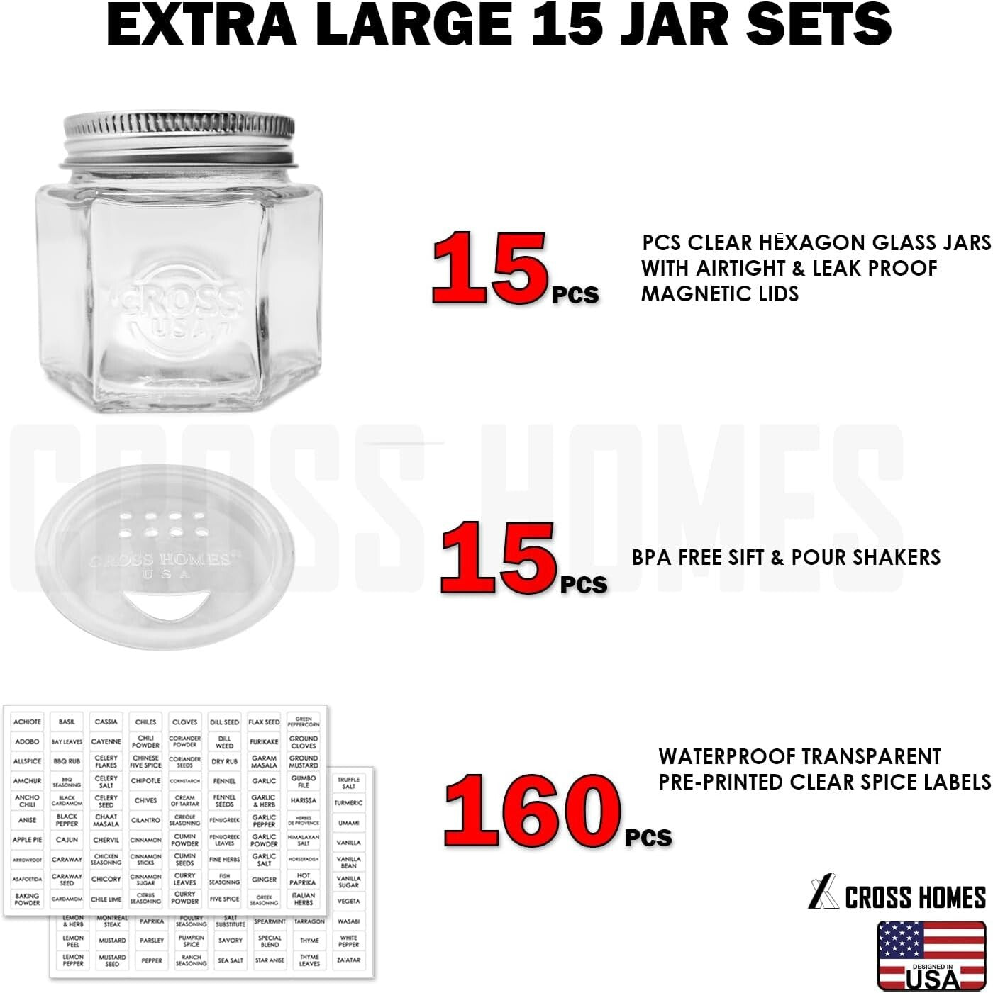 Airtight Magnetic Spice Containers - 4oz Hexagon Jars with Labels and Shakers