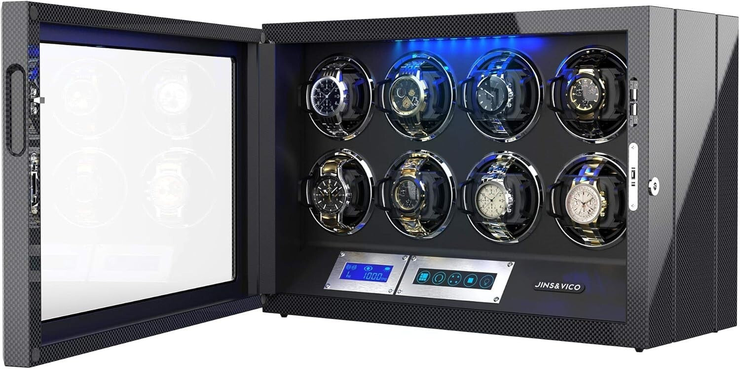 Elegant Watch Winder with 8 Adjustable Pillows & Built-in LED Light - Gift Ready