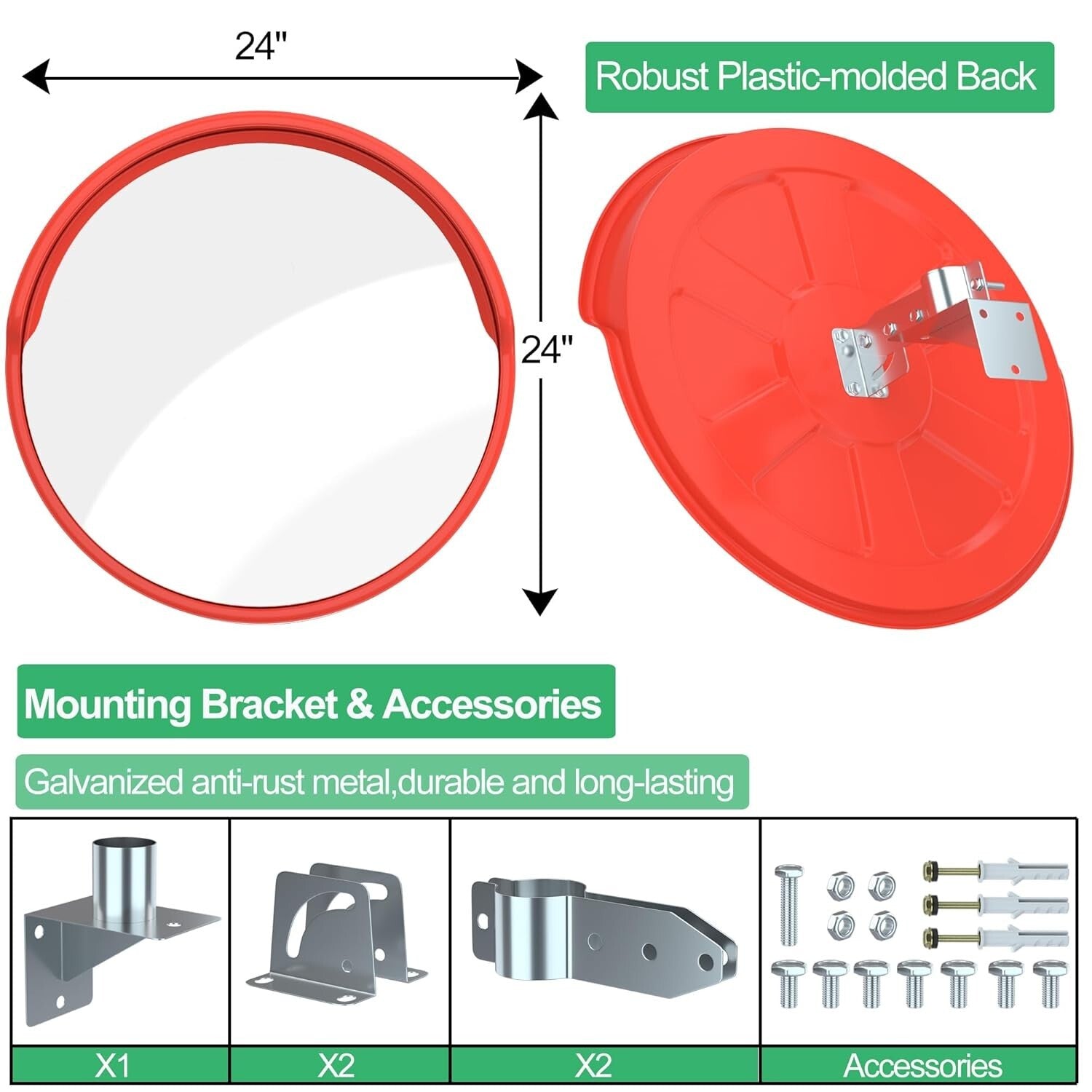 Premium 24" Wide-Angle Safety Mirror with Adjustable Bracket for All Surfaces