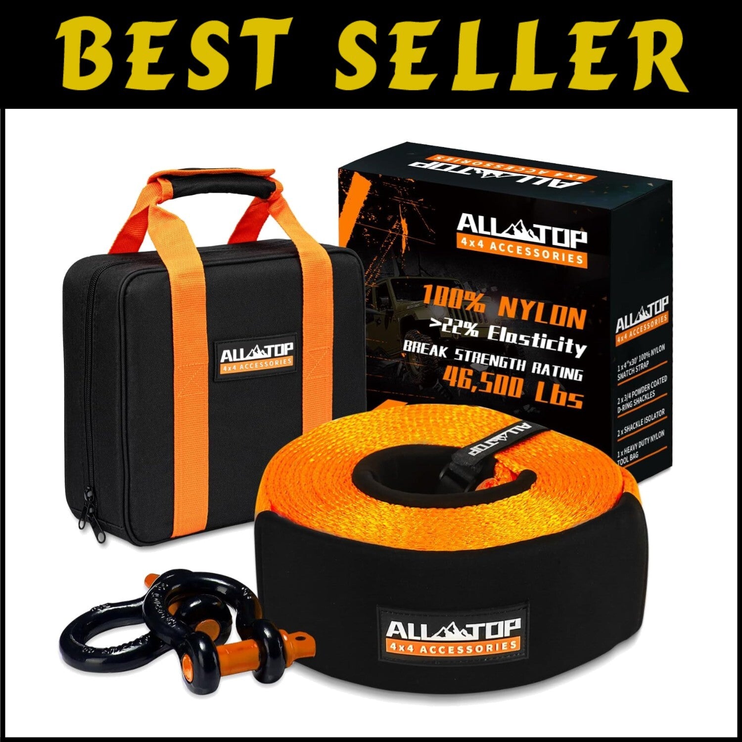 Weather-Resistant 4" x 30' Tow Strap Kit with 22% Elongation for Safe Recovery
