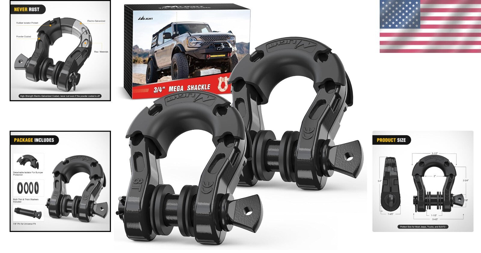 Off-Road Recovery Shackles - 2 Pack Mega D-Ring with Isolator for Safe Towing